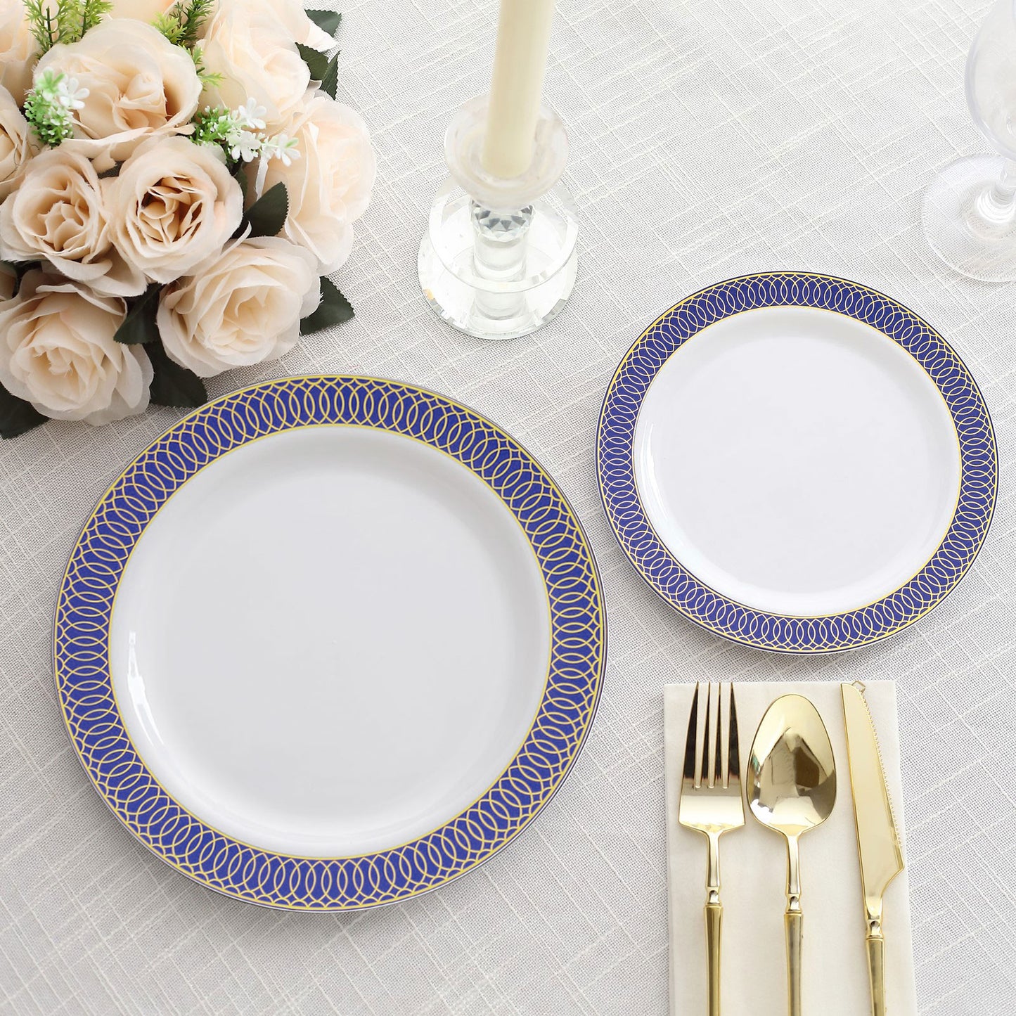 10 Pack White Disposable Party Plates With Navy Blue Gold Spiral Rim, 10" Round Plastic Dinner Plates