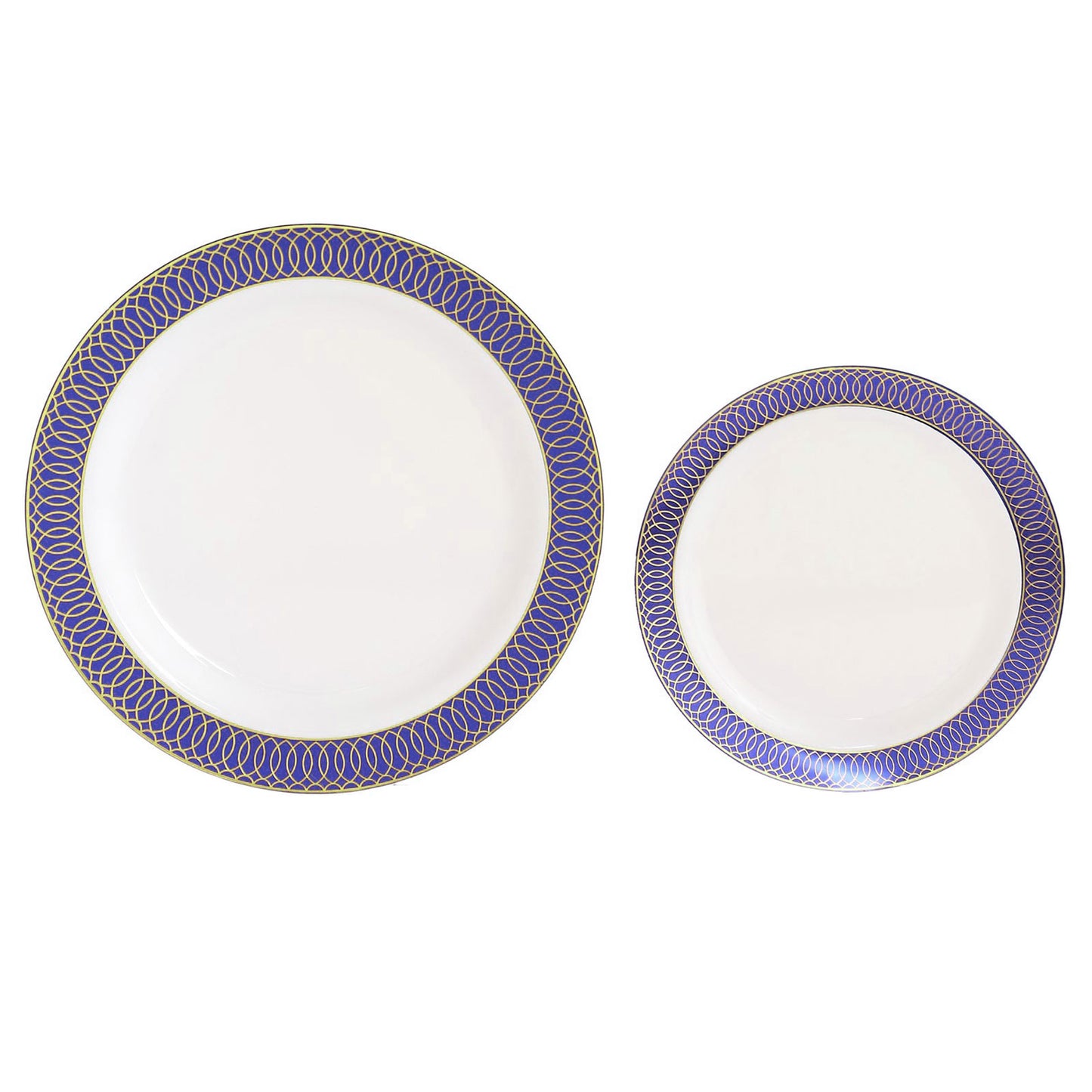 10 Pack White Disposable Party Plates With Navy Blue Gold Spiral Rim, 10" Round Plastic Dinner Plates