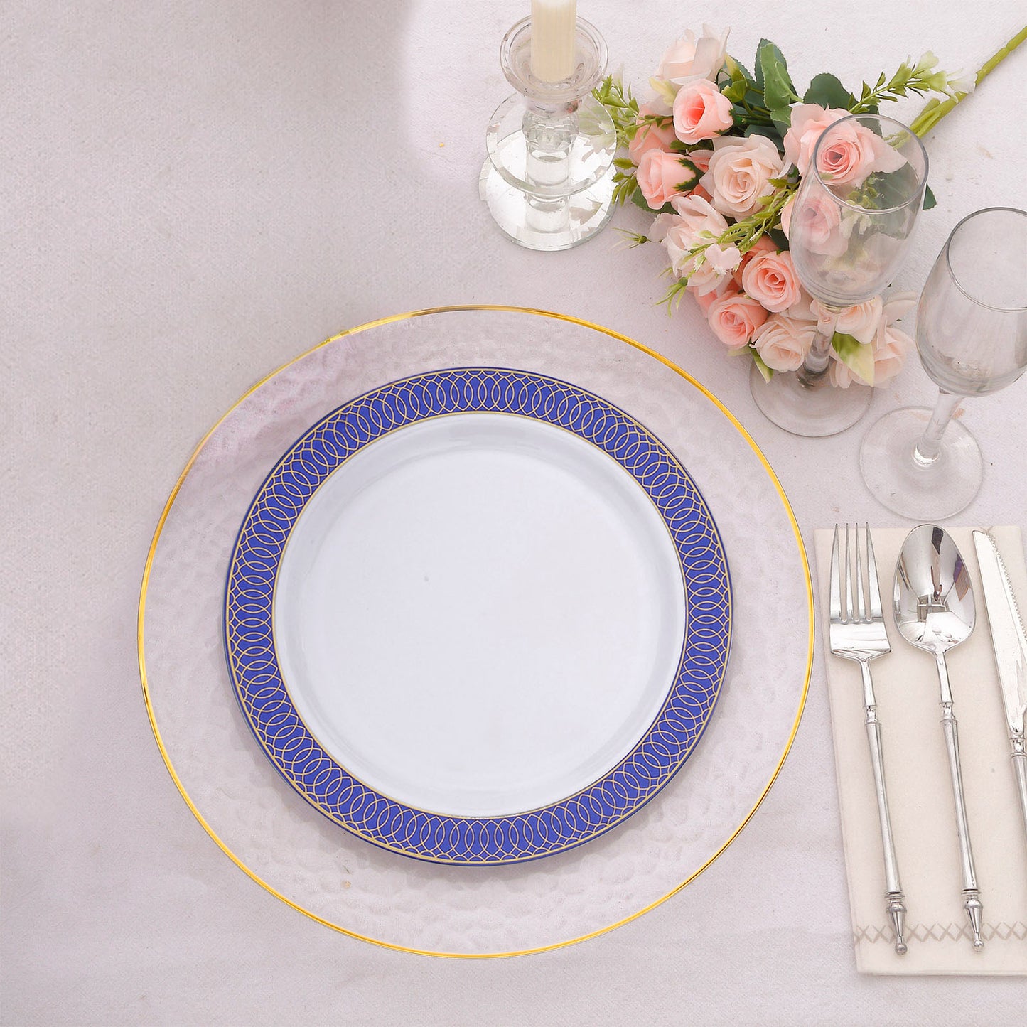 10 Pack White Disposable Party Plates With Navy Blue Gold Spiral Rim, 10" Round Plastic Dinner Plates