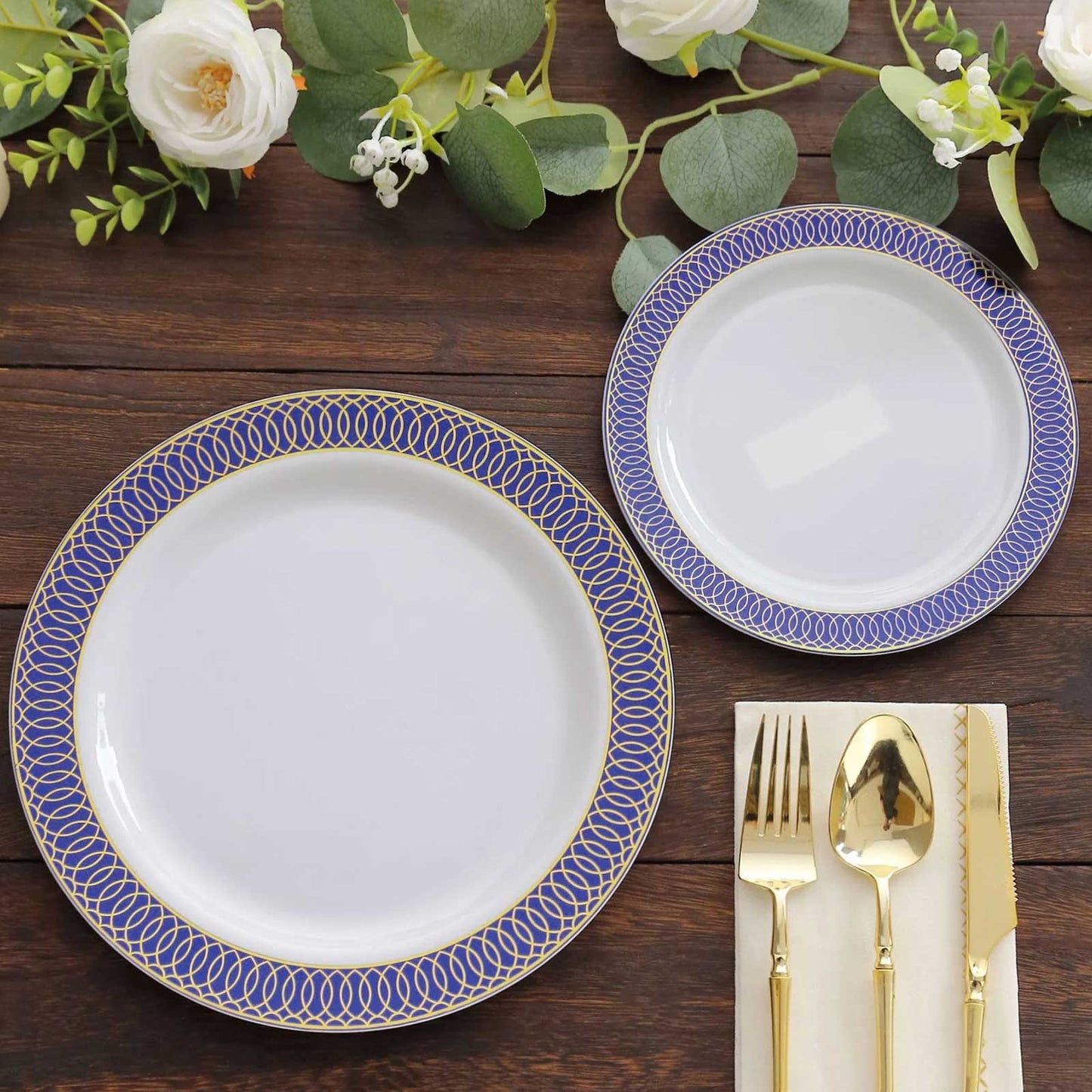 10 Pack White Disposable Party Plates With Navy Blue Gold Spiral Rim, 10" Round Plastic Dinner Plates