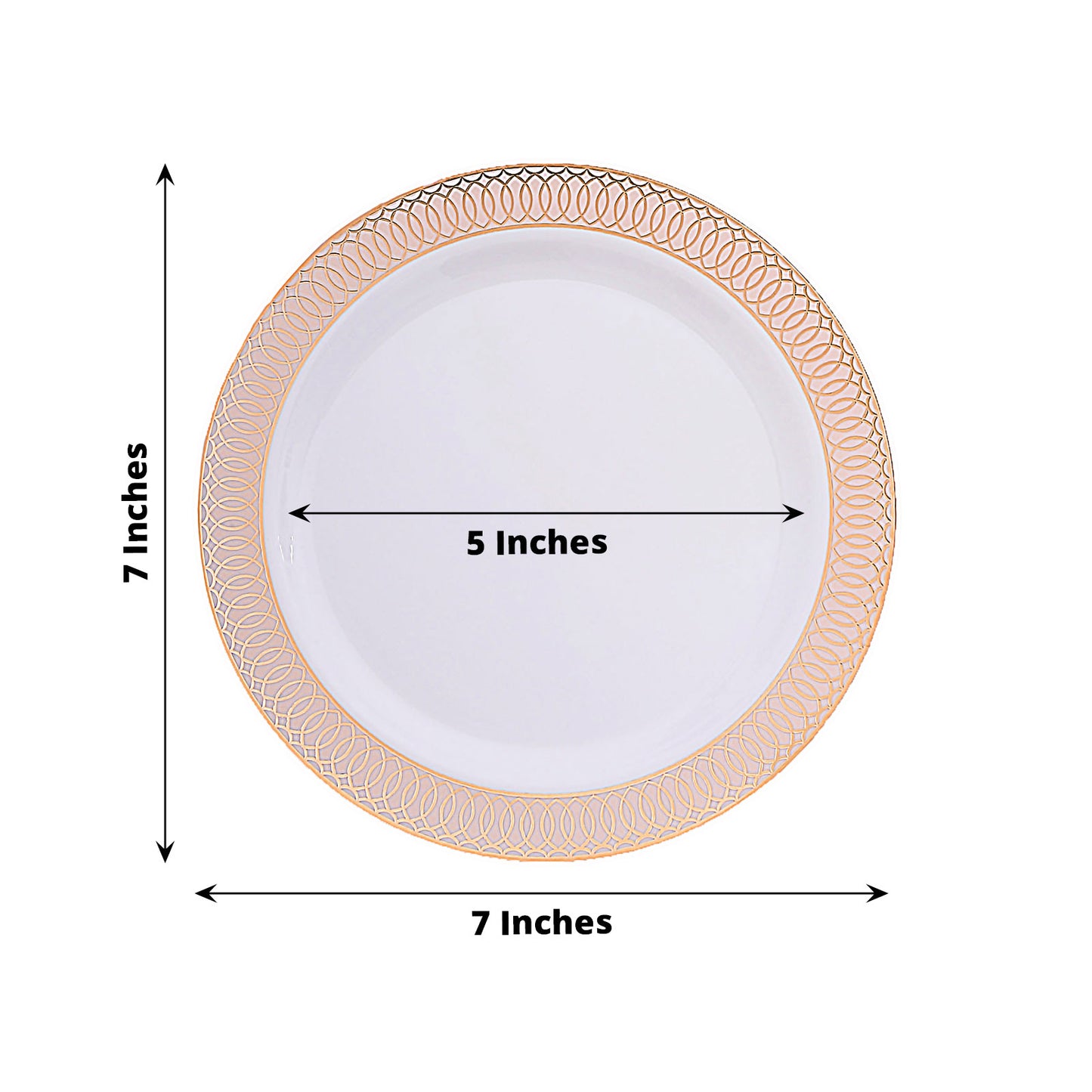 10 Pack White Disposable Salad Plates With Blush Rose Gold Spiral Rim, 7" Round Plastic Dessert Appetizer Plates