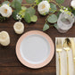 10 Pack White Disposable Salad Plates With Blush Rose Gold Spiral Rim, 7" Round Plastic Dessert Appetizer Plates