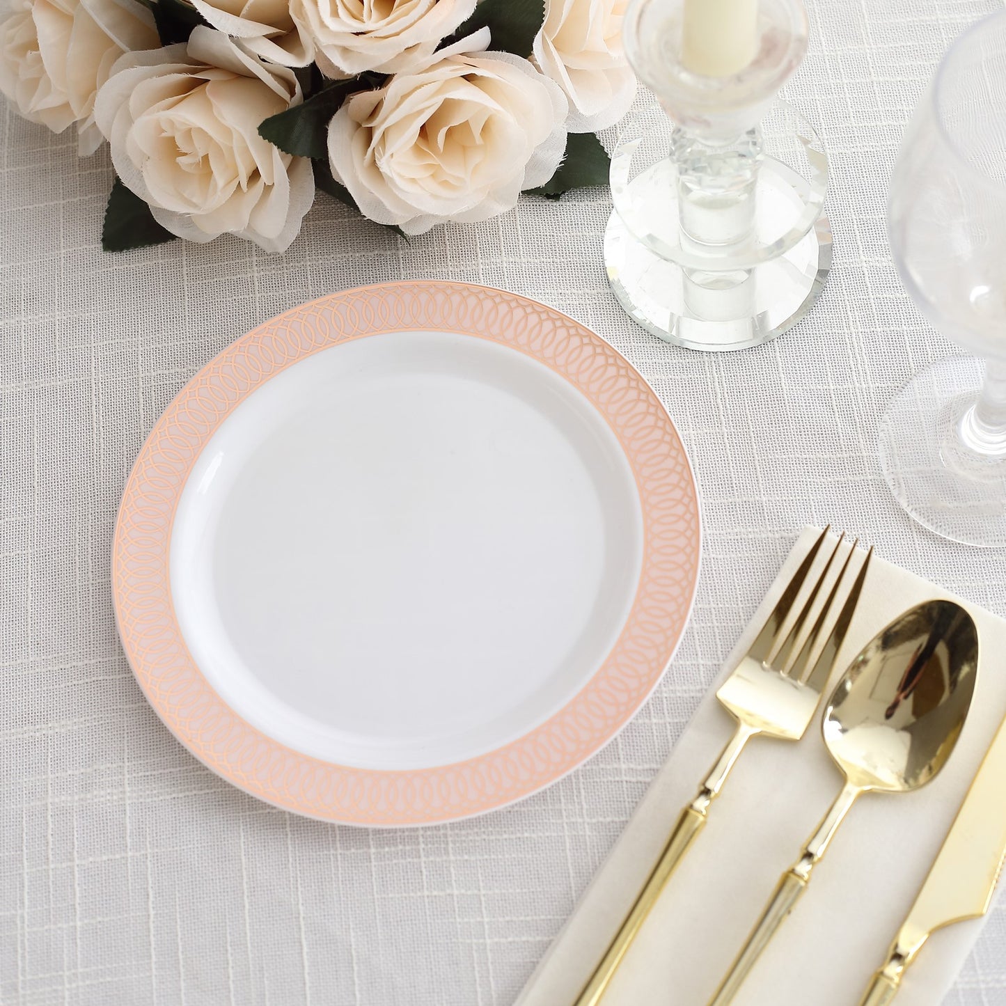 10 Pack White Disposable Salad Plates With Blush Rose Gold Spiral Rim, 7" Round Plastic Dessert Appetizer Plates