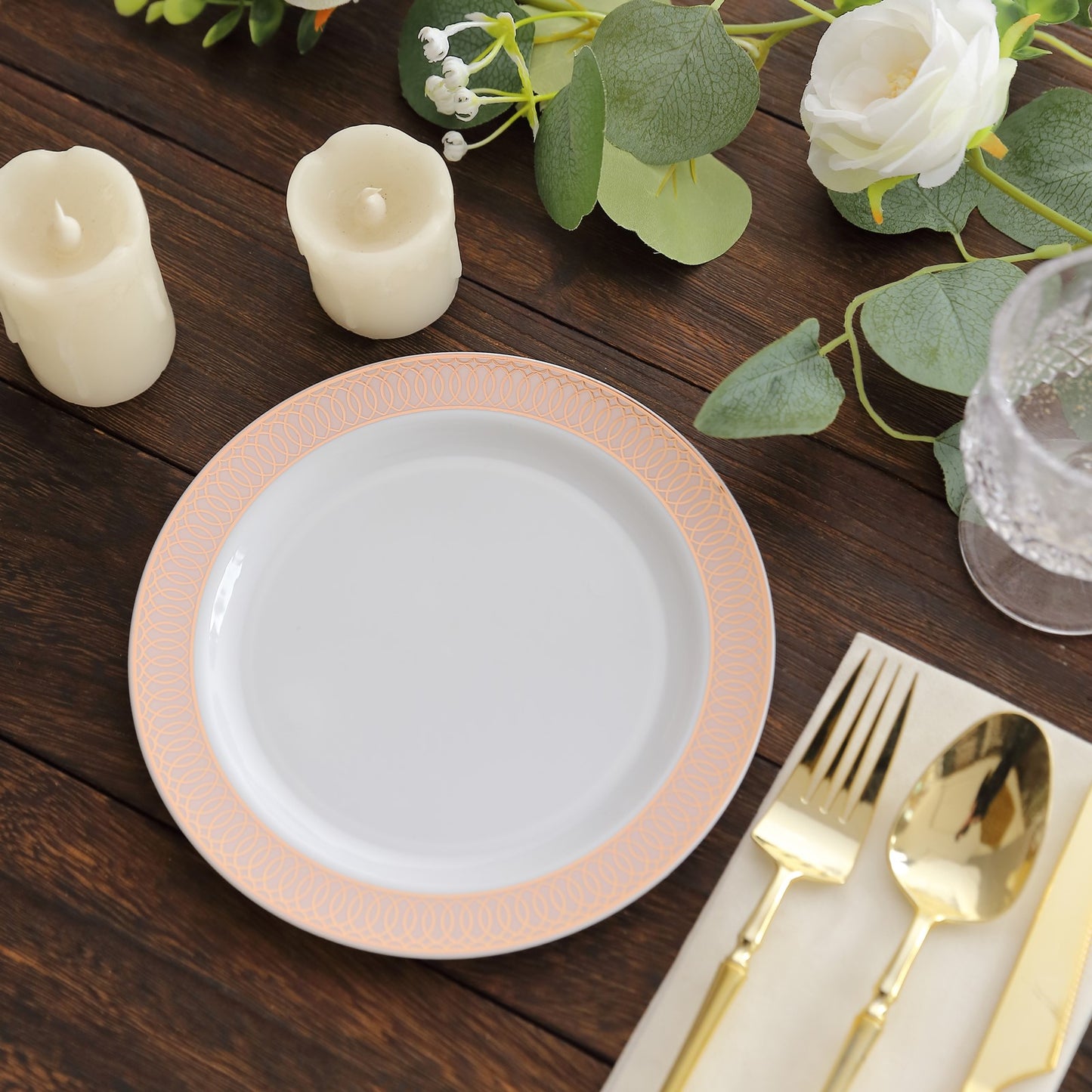 10 Pack White Disposable Salad Plates With Blush Rose Gold Spiral Rim, 7" Round Plastic Dessert Appetizer Plates