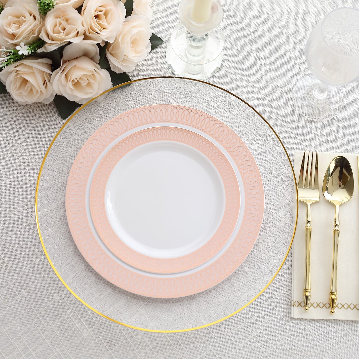 10 Pack White Disposable Salad Plates With Blush Rose Gold Spiral Rim, 7" Round Plastic Dessert Appetizer Plates