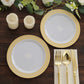 10 Pack White Disposable Salad Plates With Beige Gold Spiral Rim, 7" Round Plastic Dessert Appetizer Plates
