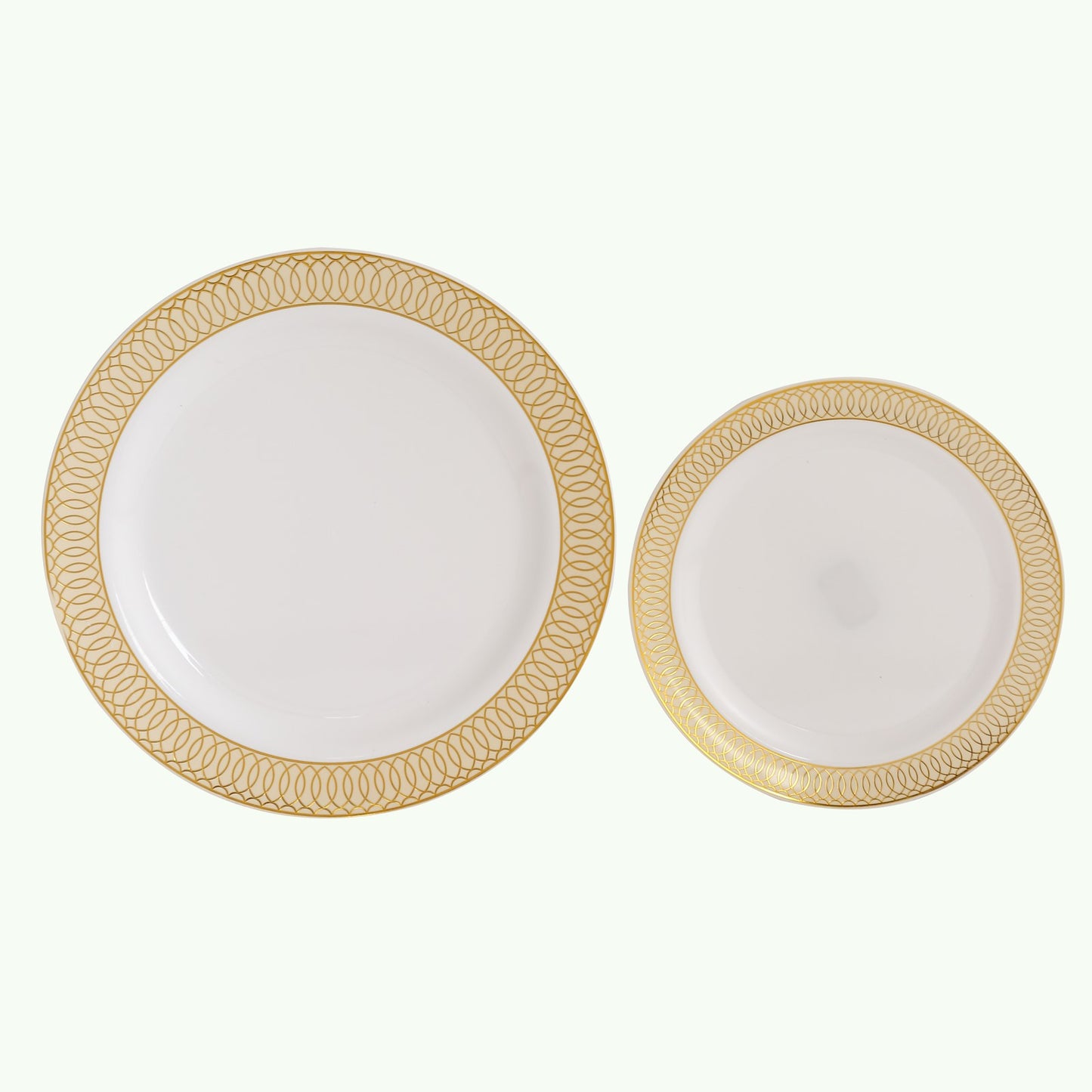 10 Pack White Disposable Salad Plates With Beige Gold Spiral Rim, 7" Round Plastic Dessert Appetizer Plates