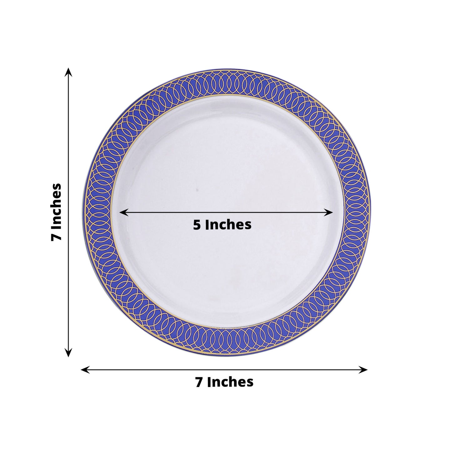 10 Pack White Disposable Salad Plates With Navy Blue Gold Spiral Rim, 7" Round Plastic Dessert Appetizer Plates