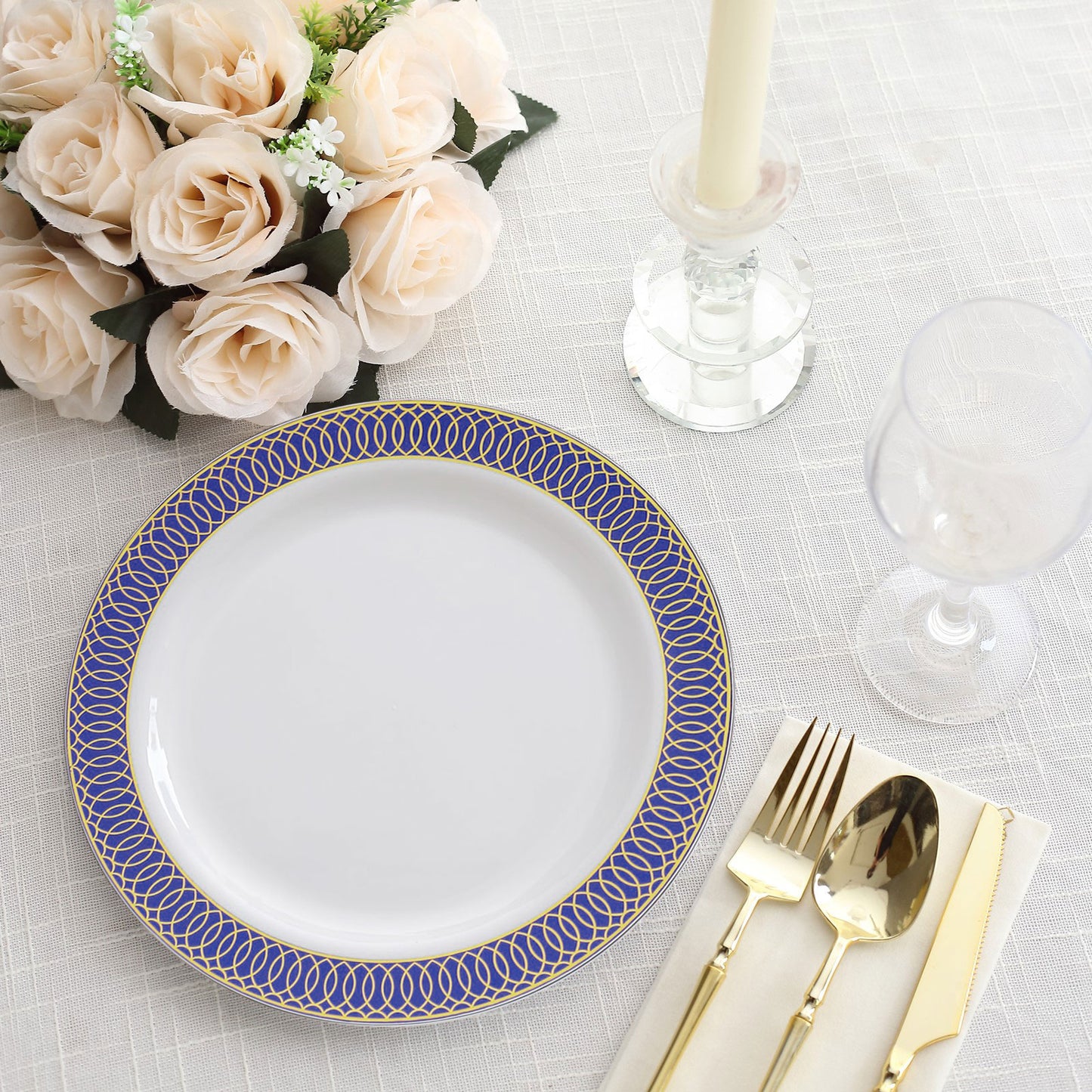 10 Pack White Disposable Salad Plates With Navy Blue Gold Spiral Rim, 7" Round Plastic Dessert Appetizer Plates