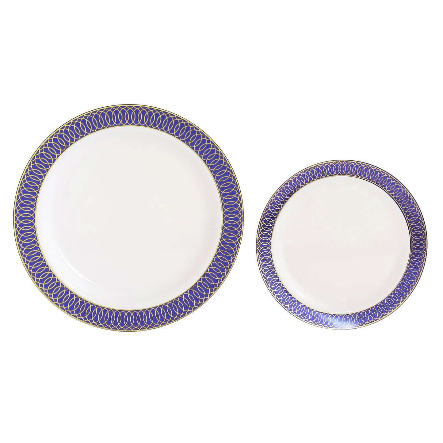 10 Pack White Disposable Salad Plates With Navy Blue Gold Spiral Rim, 7" Round Plastic Dessert Appetizer Plates