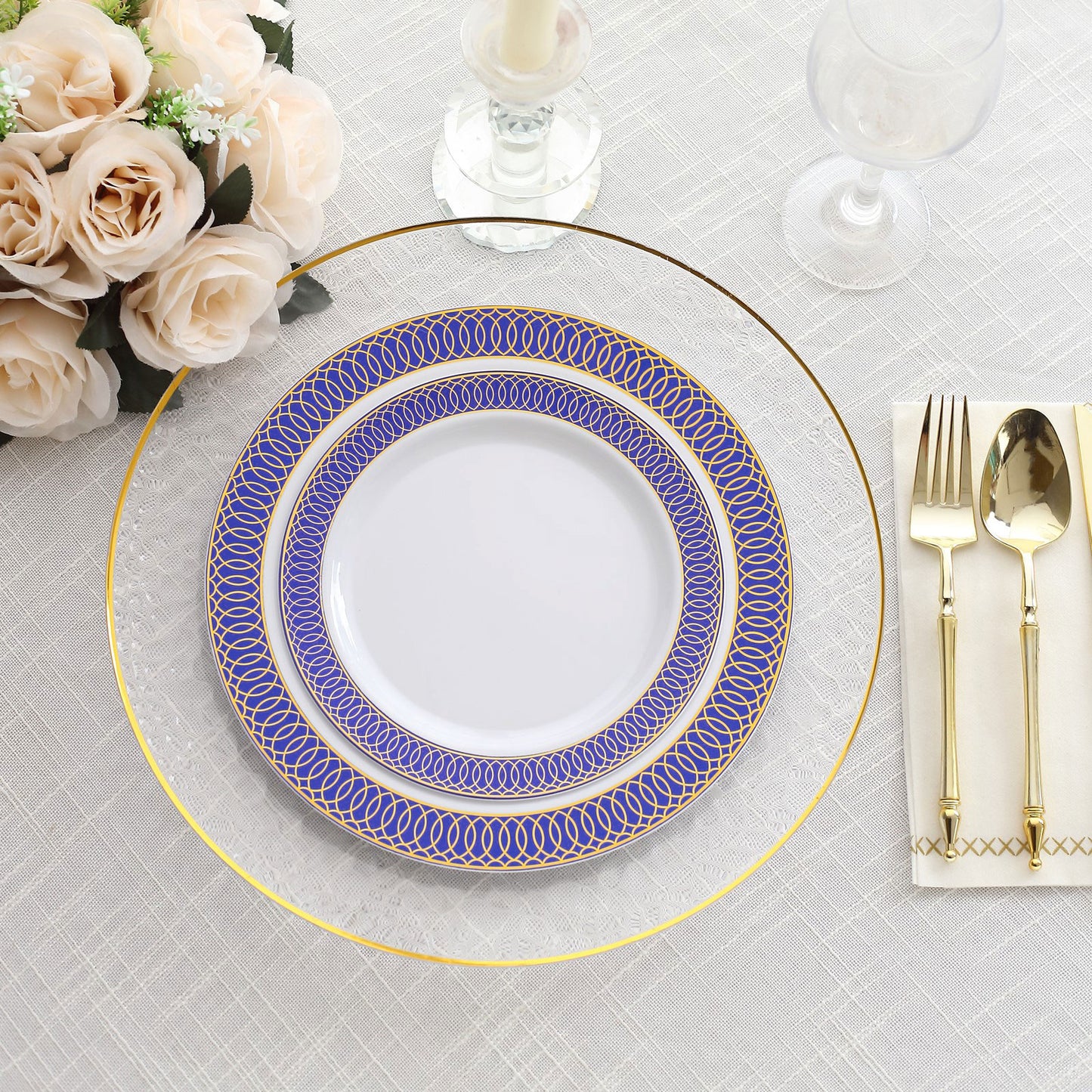 10 Pack White Disposable Salad Plates With Navy Blue Gold Spiral Rim, 7" Round Plastic Dessert Appetizer Plates