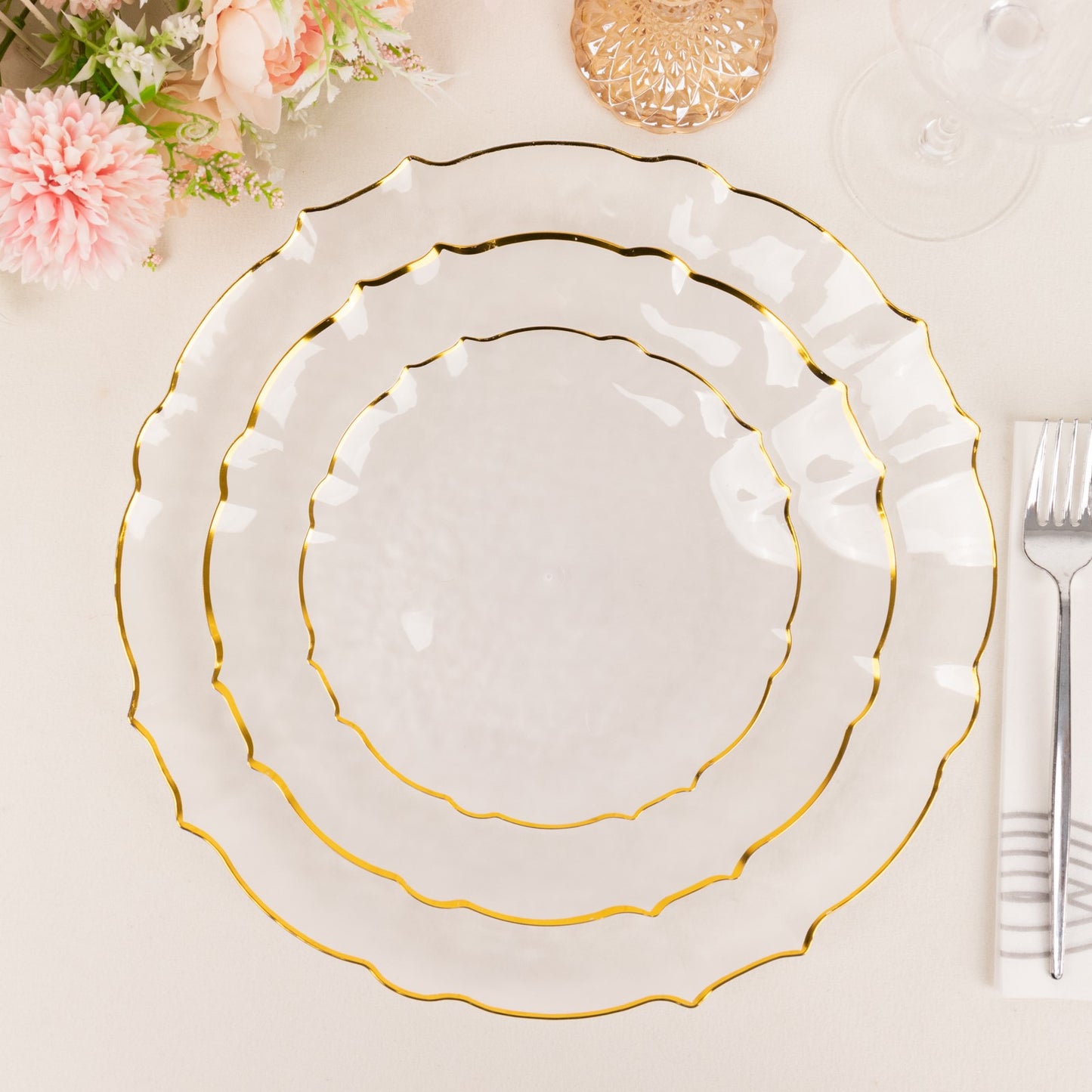 10 Pack 10" Clear Sunflower Disposable Dinner Plates with Gold Scalloped Rim, Round Plastic Party Plates