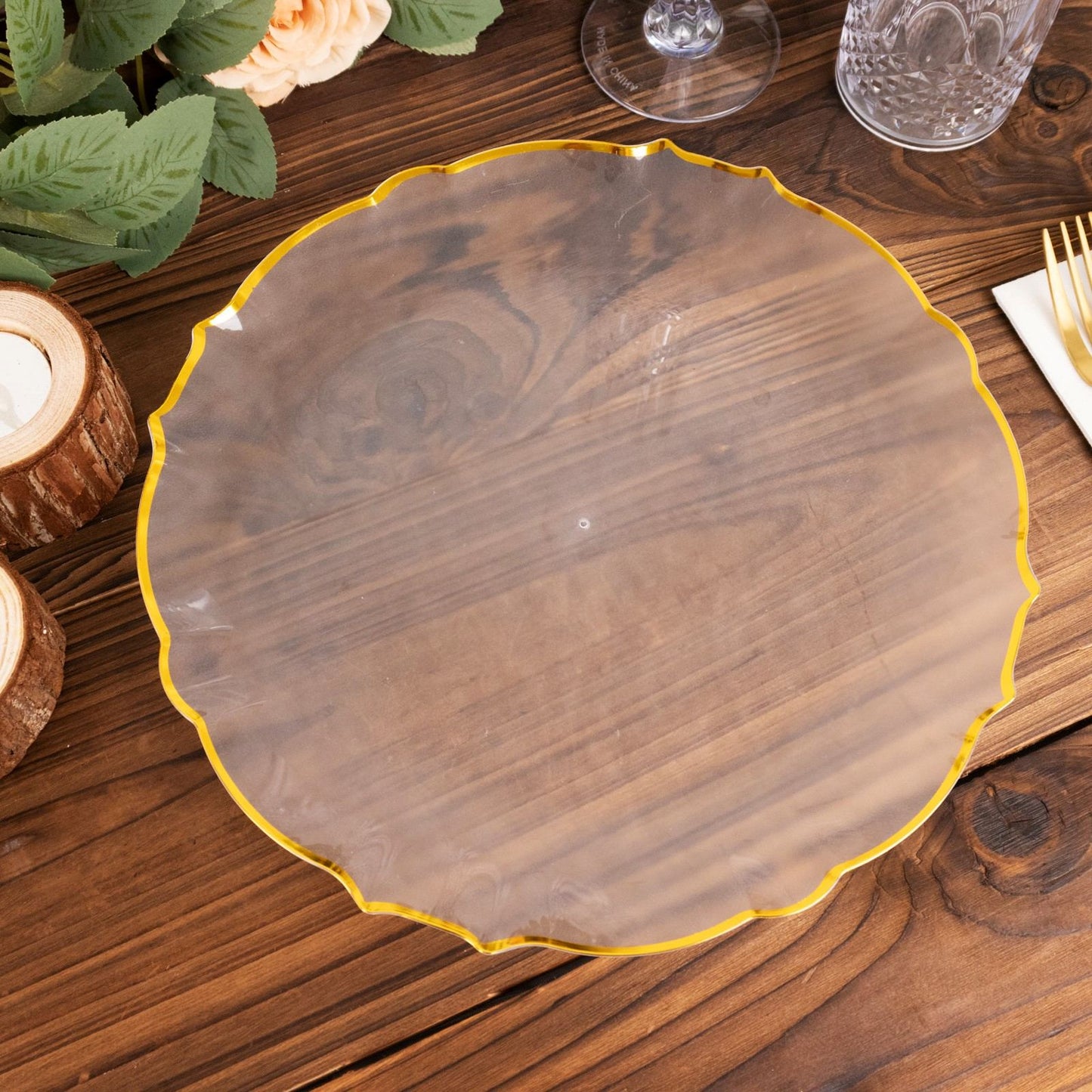 10 Pack 10" Clear Sunflower Disposable Dinner Plates with Gold Scalloped Rim, Round Plastic Party Plates