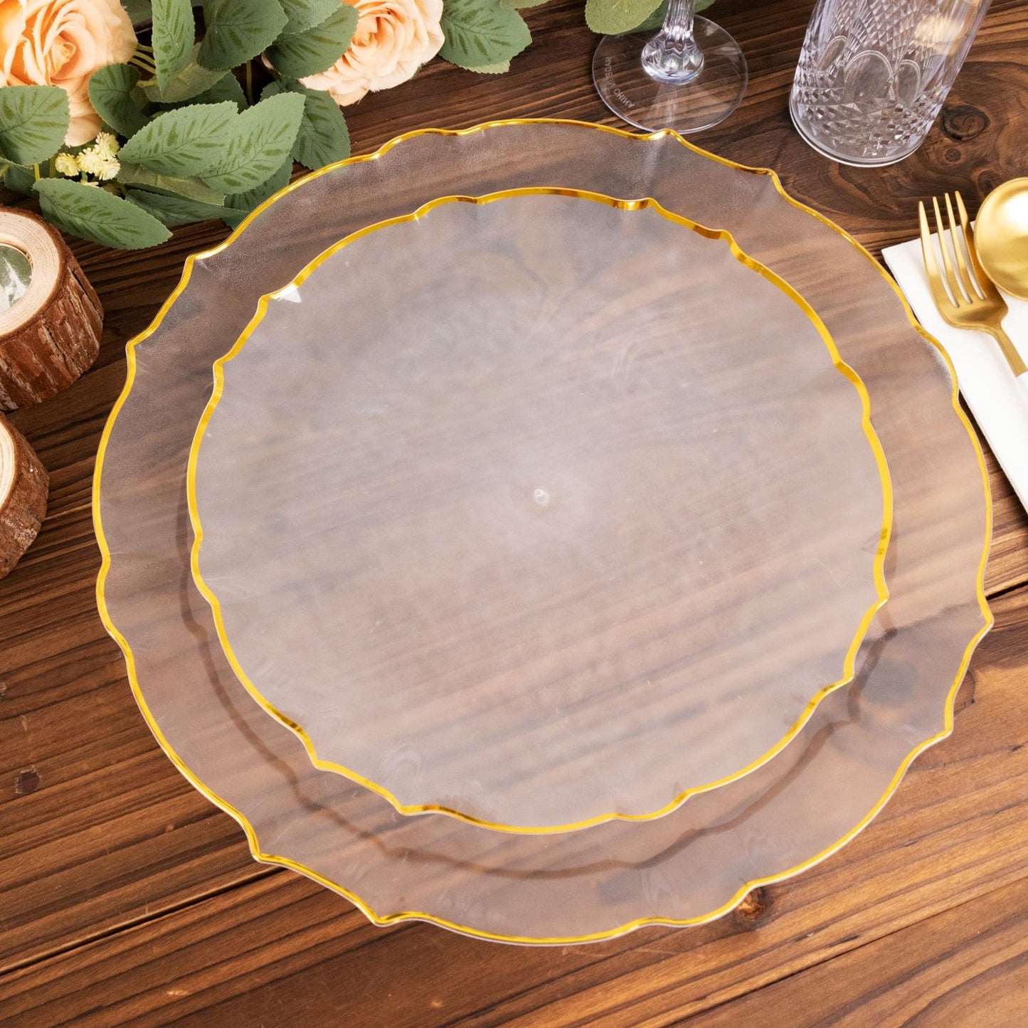 10 Pack 10" Clear Sunflower Disposable Dinner Plates with Gold Scalloped Rim, Round Plastic Party Plates