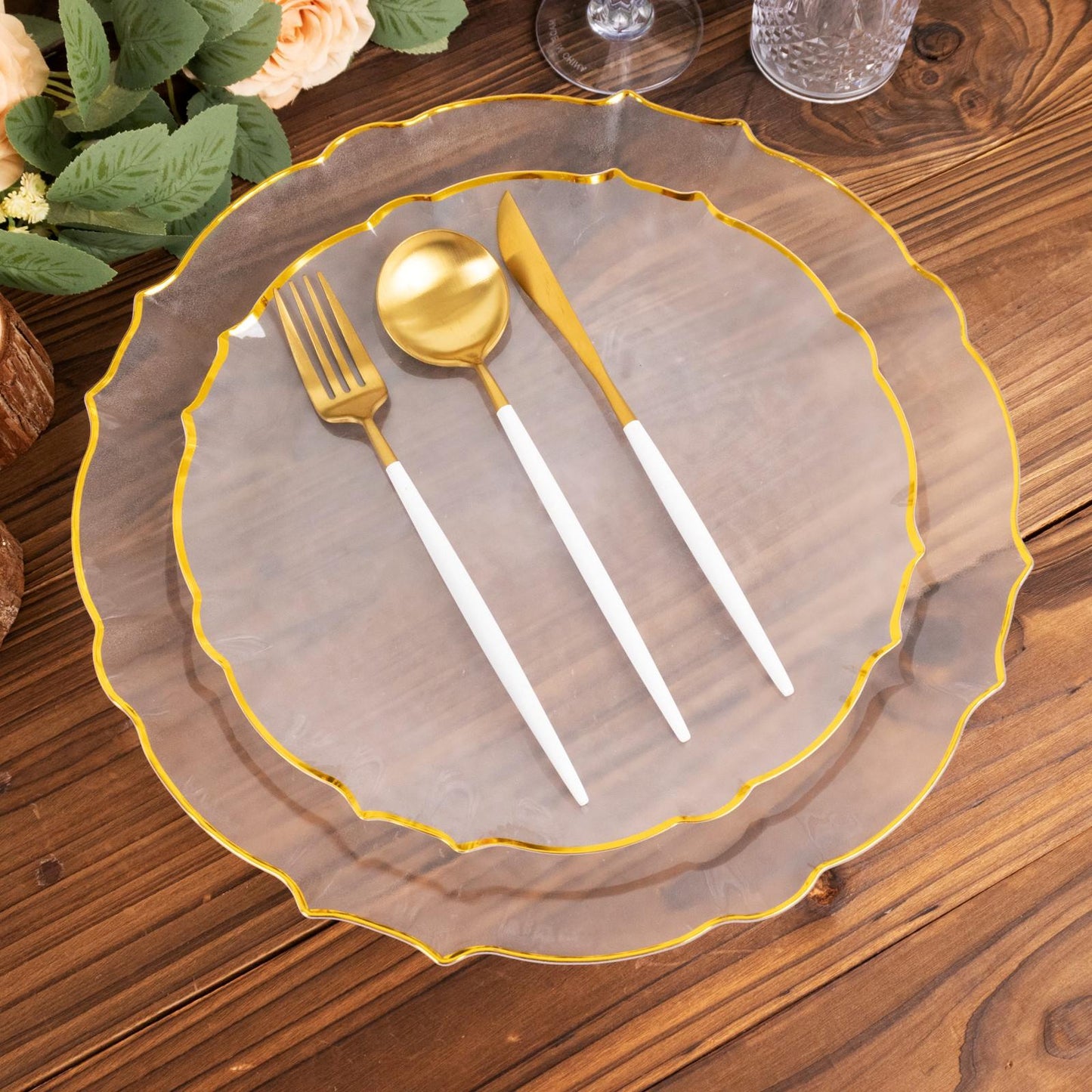 10 Pack 10" Clear Sunflower Disposable Dinner Plates with Gold Scalloped Rim, Round Plastic Party Plates