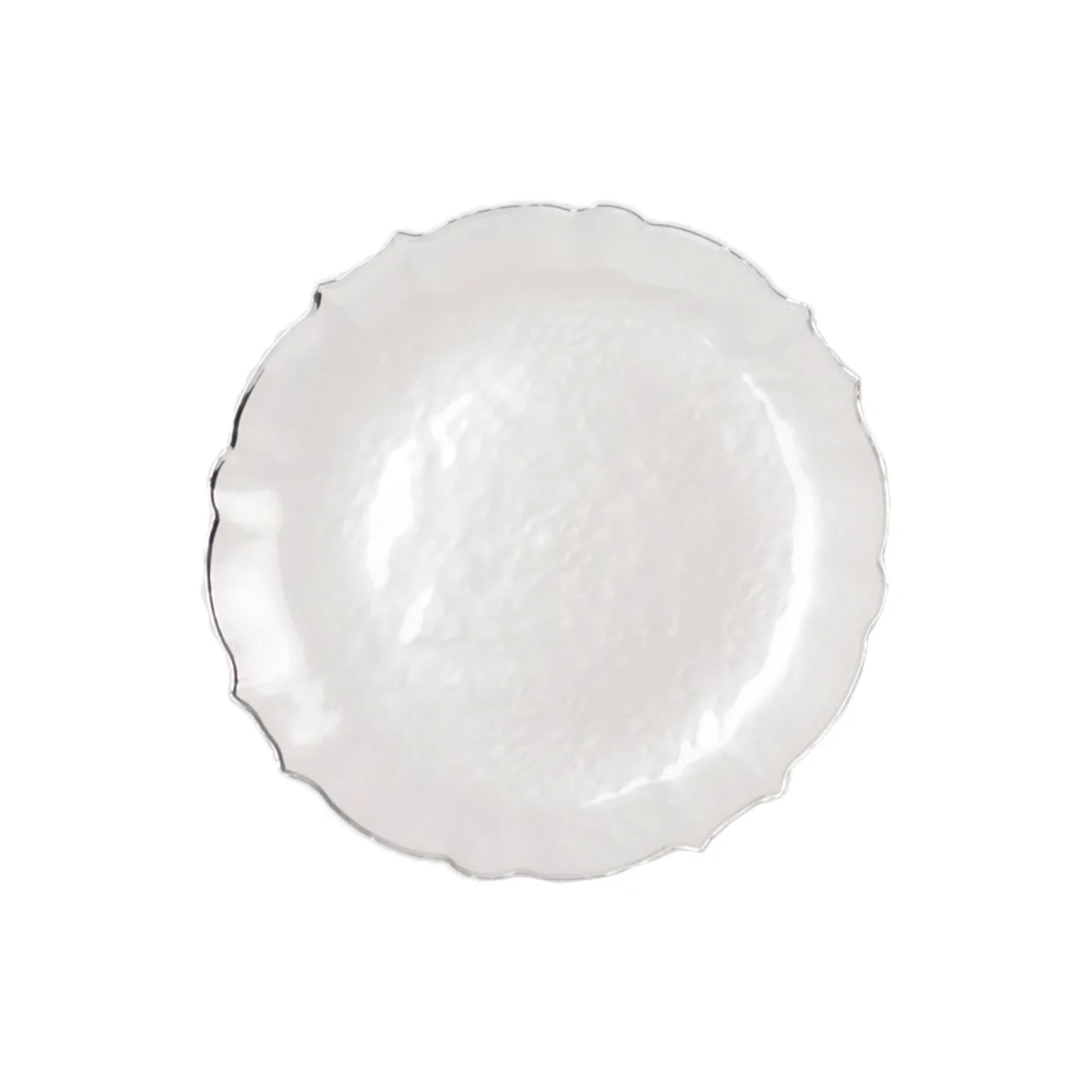 10-Pack Plastic 10" Round Dinner Plates in Pearl White Sunflower with Silver Scalloped Rim - Disposable Party Plates for Classy Events & Banquets
