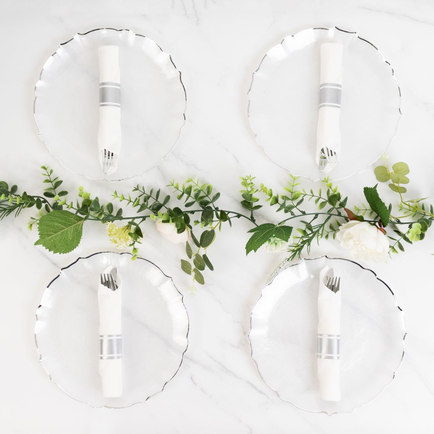 10-Pack Plastic 10" Round Dinner Plates in Pearl White Sunflower with Silver Scalloped Rim - Disposable Party Plates for Classy Events & Banquets