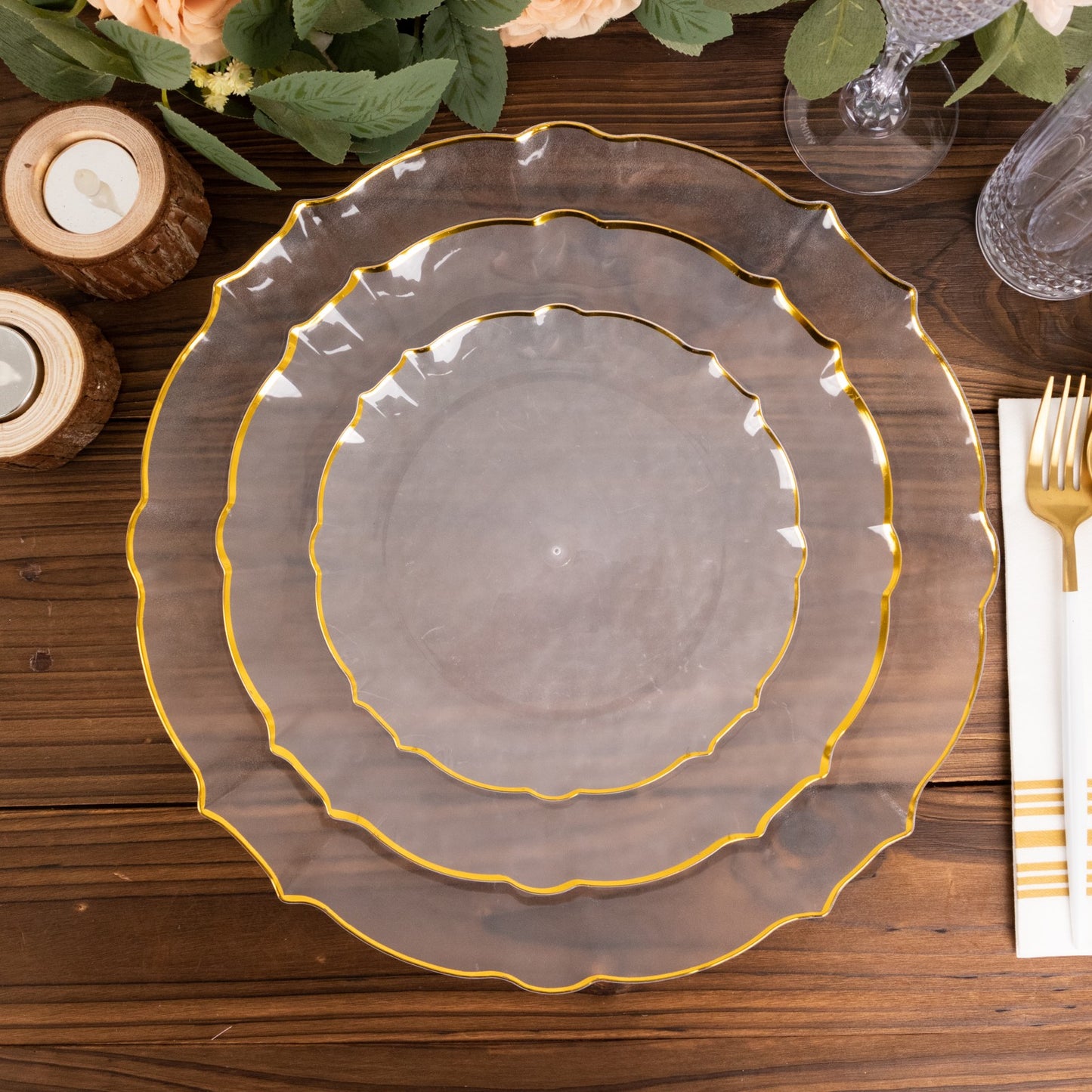 10 Pack 7" Clear Sunflower Disposable Salad Plates with Gold Scalloped Rim, Round Plastic Dessert Appetizer Plates