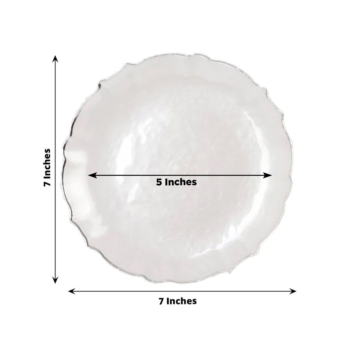 10-Pack Plastic 7" Round Dessert Appetizer Plates in Pearl White Sunflower with Silver Scalloped Rim - Disposable Salad Plates for Classy Events & Banquets