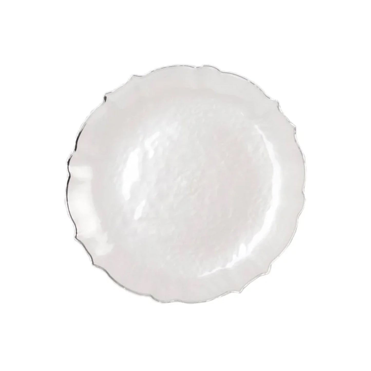 10-Pack Plastic 7" Round Dessert Appetizer Plates in Pearl White Sunflower with Silver Scalloped Rim - Disposable Salad Plates for Classy Events & Banquets