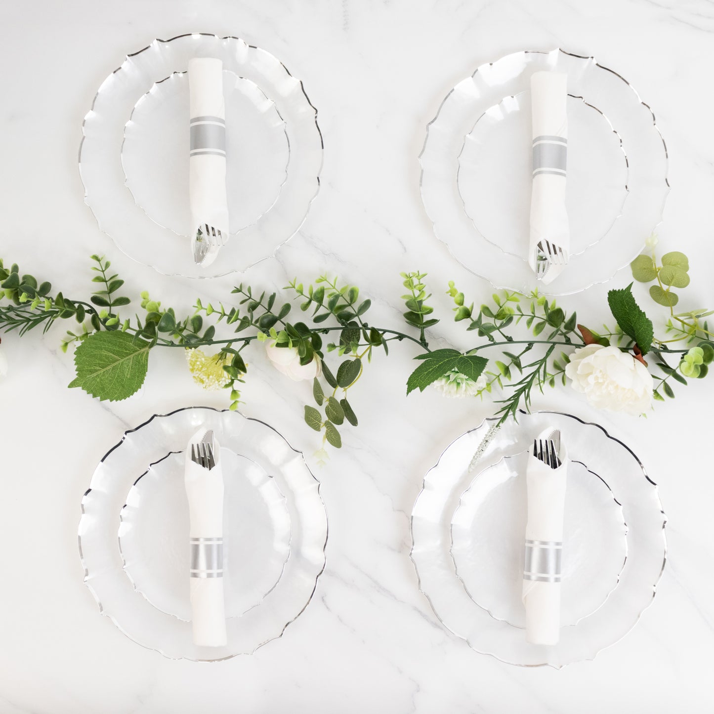 10-Pack Plastic 7" Round Dessert Appetizer Plates in Pearl White Sunflower with Silver Scalloped Rim - Disposable Salad Plates for Classy Events & Banquets