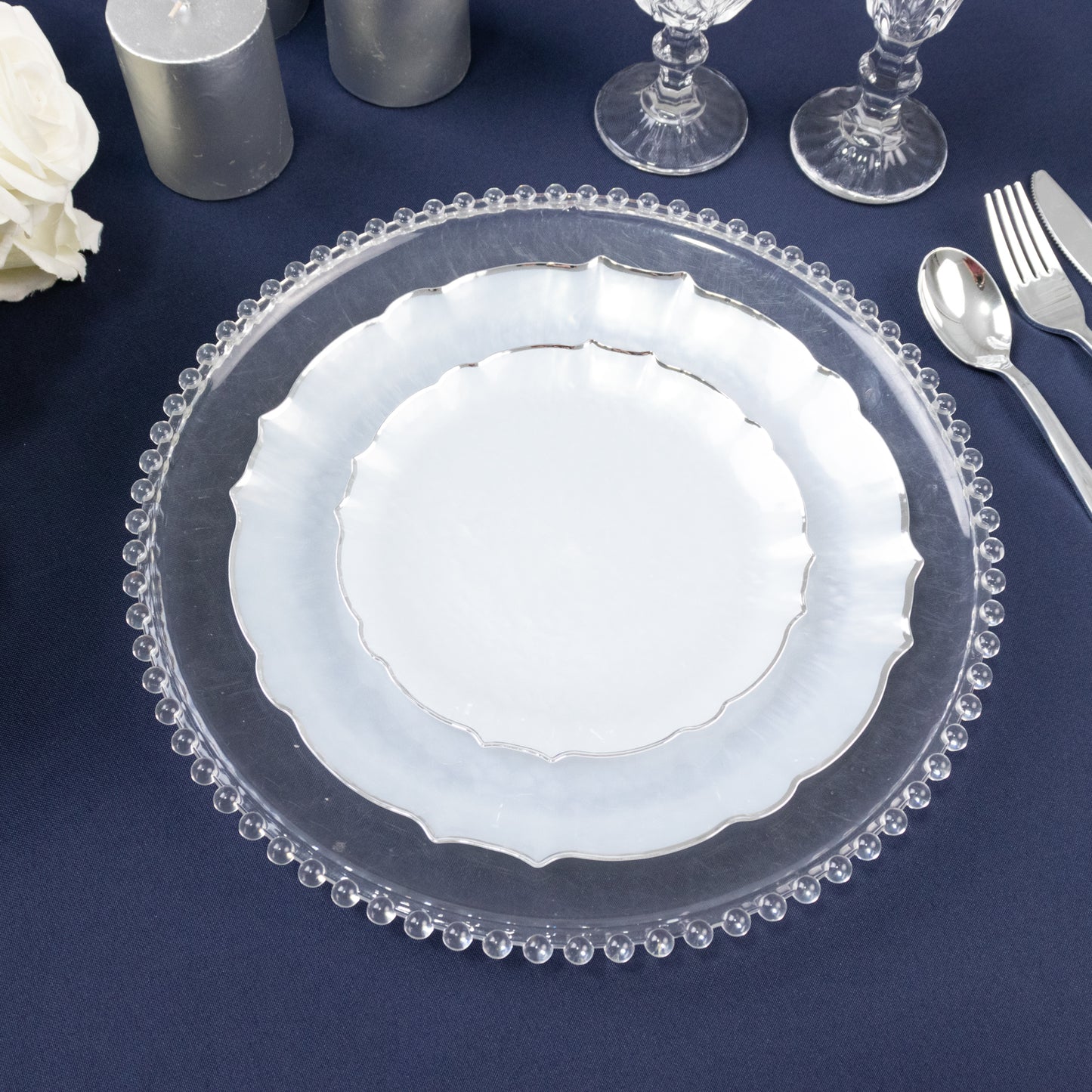 10-Pack Plastic 7" Round Dessert Appetizer Plates in Pearl White Sunflower with Silver Scalloped Rim - Disposable Salad Plates for Classy Events & Banquets