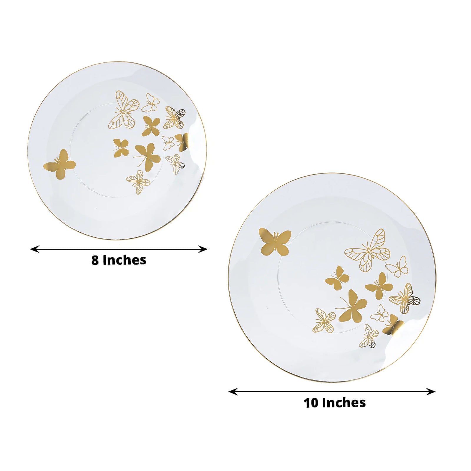 Clear gold butterfly plastic plates, round disposable dinner and salad plates.