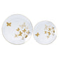 Clear gold butterfly plastic party plates with gold rim, round disposable dinner and salad plates.