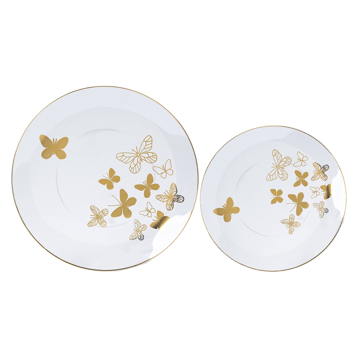 Clear gold butterfly plastic party plates with gold rim, round disposable dinner and salad plates.