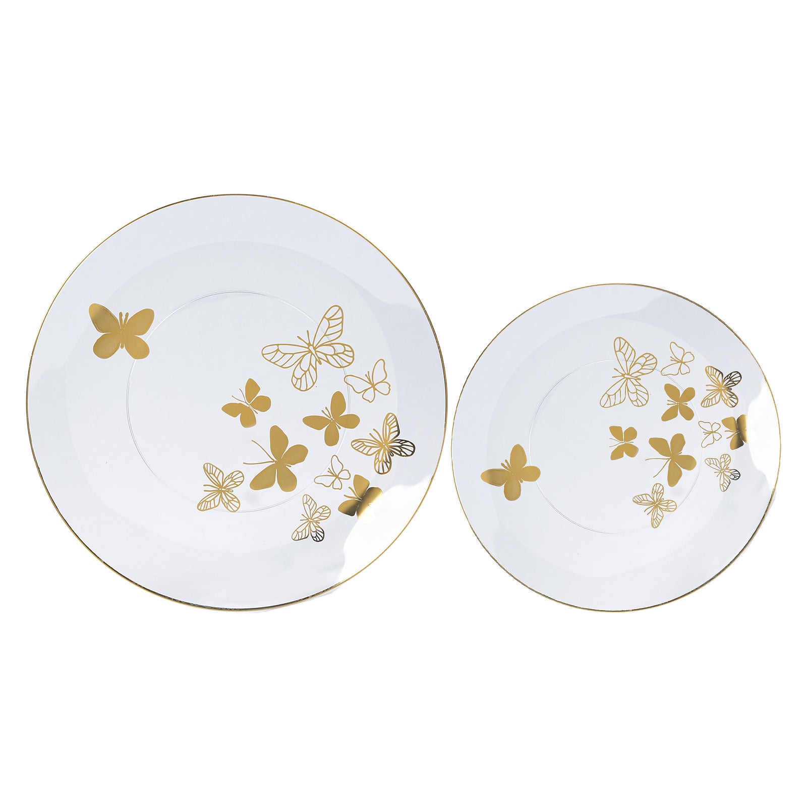Clear gold butterfly plastic party plates with gold rim, round disposable dinner and salad plates.