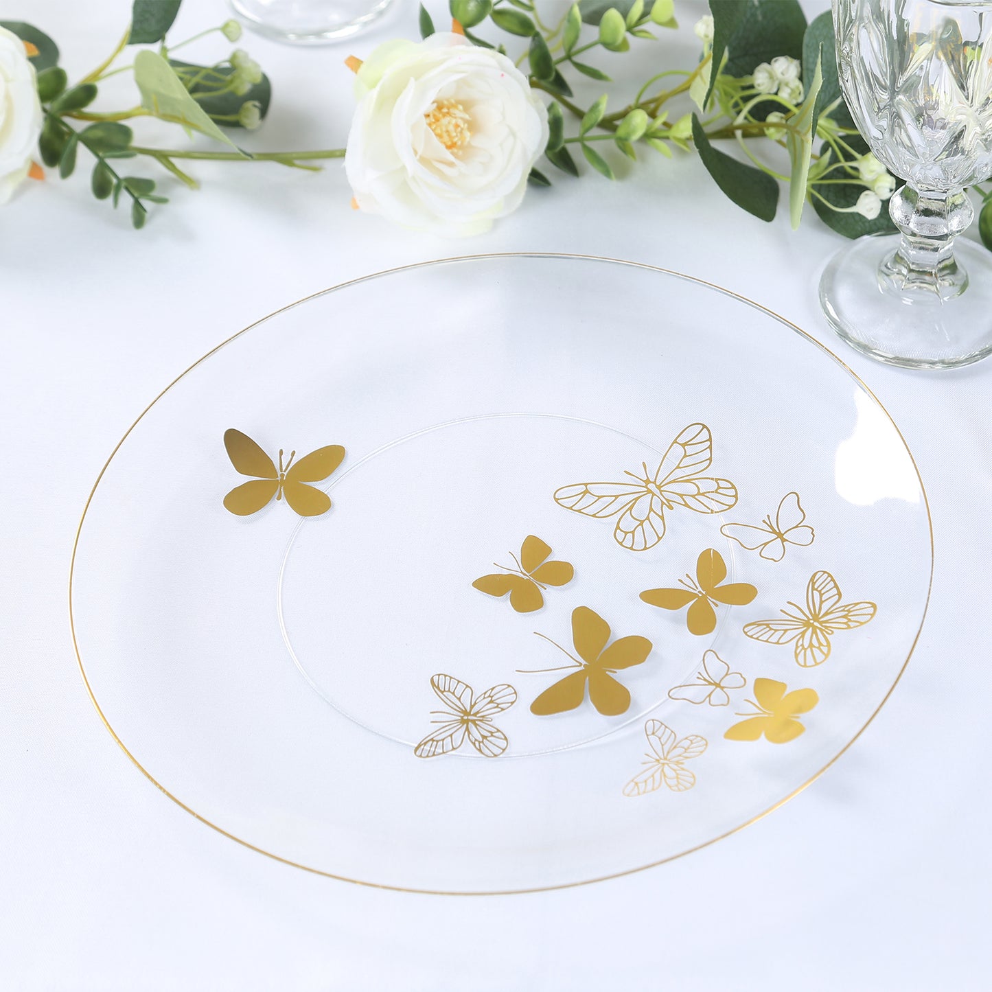 Clear gold butterfly disposable plate with elegant gold rim design.