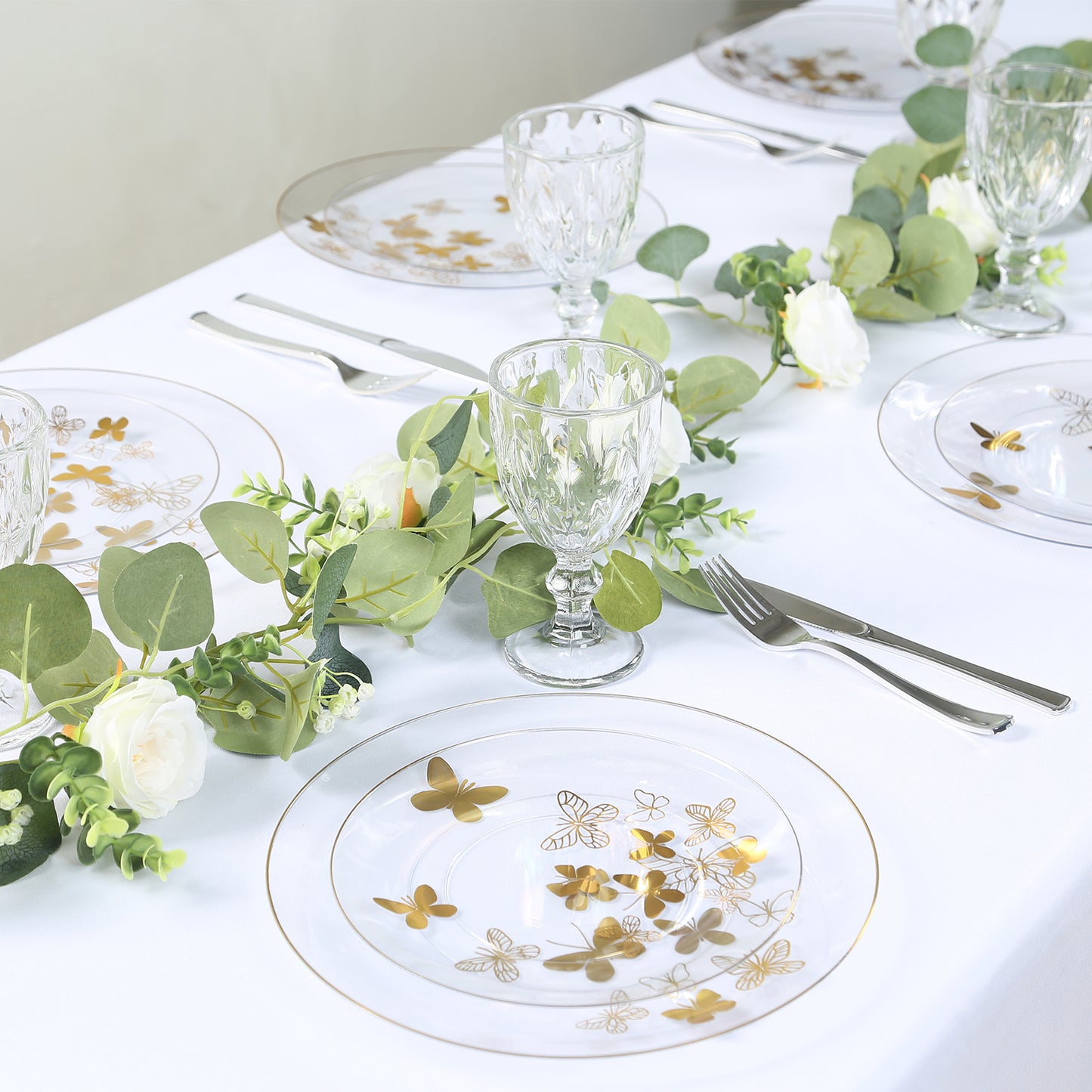 Clear gold butterfly plates with gold rim, perfect for parties and events.