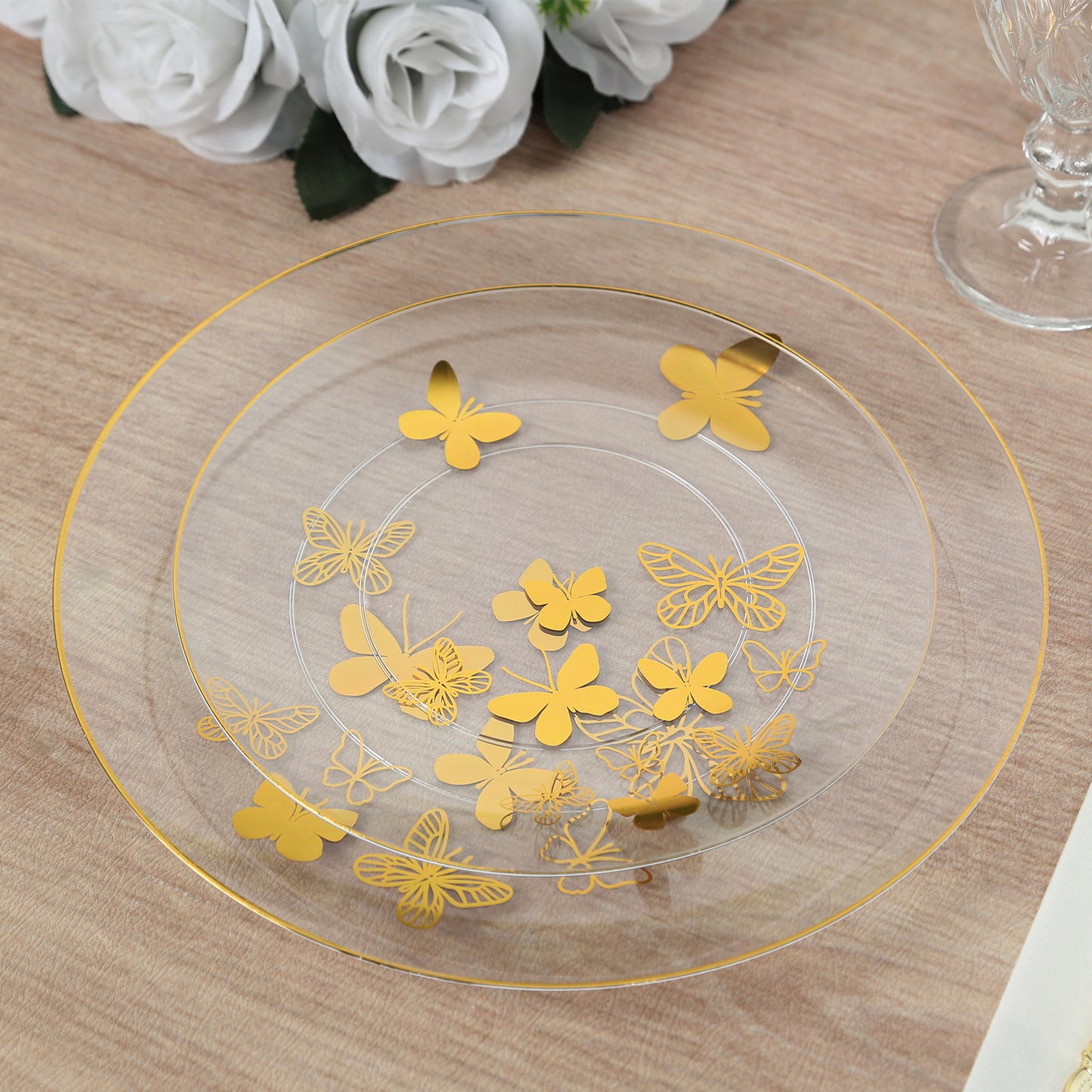 Clear gold butterfly plastic party plates with gold rim, set of 20.