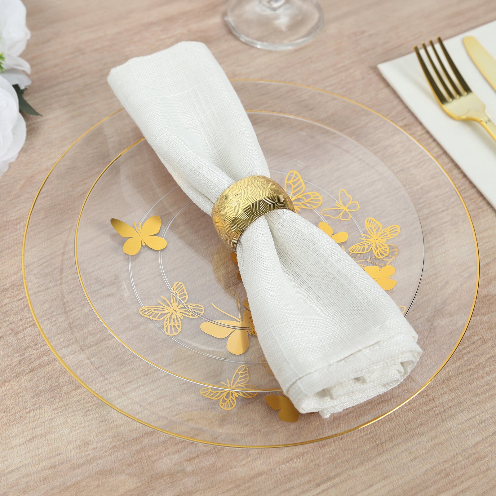 Clear gold butterfly plastic party plate with gold rim, perfect for dinner and salad.