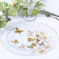Clear gold butterfly plastic party plates with gold rim, round disposable design.