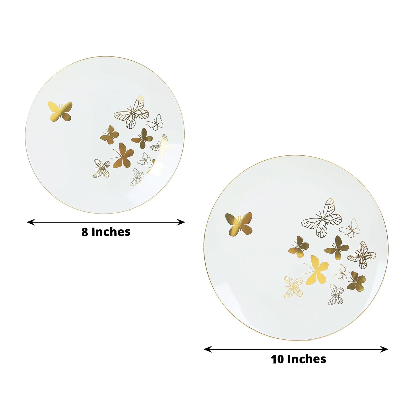 Set of 20 white gold butterfly plates, round disposable dinner and salad plates.