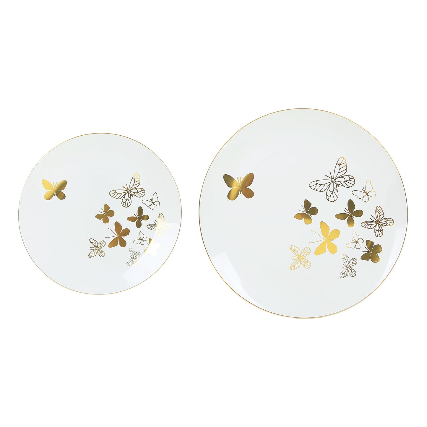 White gold butterfly plastic party plates set with gold rim, 10" and 8".