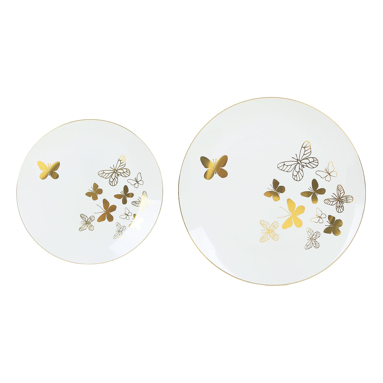 White gold butterfly plastic party plates set with gold rim, 10" and 8".