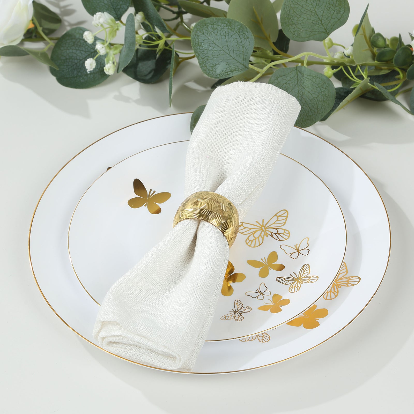 White gold butterfly disposable plates with gold rim, set of 20.
