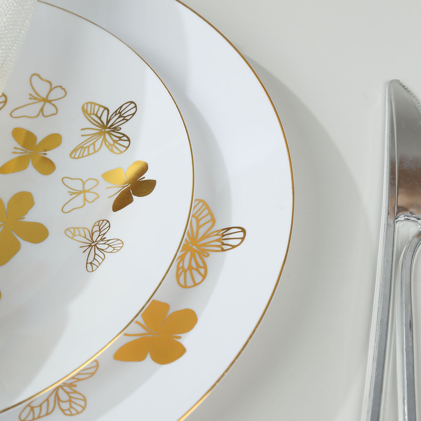 White gold butterfly plates with gold rim, round disposable dinner and salad plates.