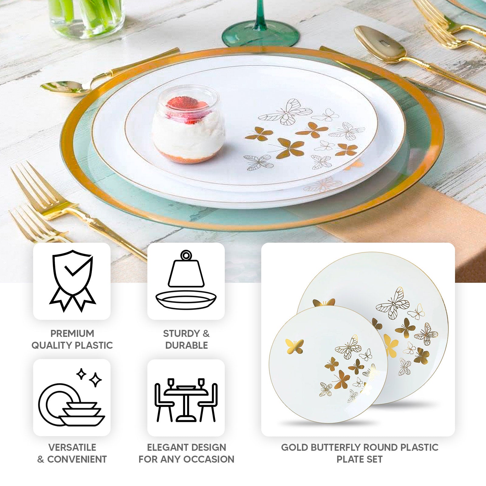 White gold butterfly plastic party plates set with gold rim, round disposable dinnerware.