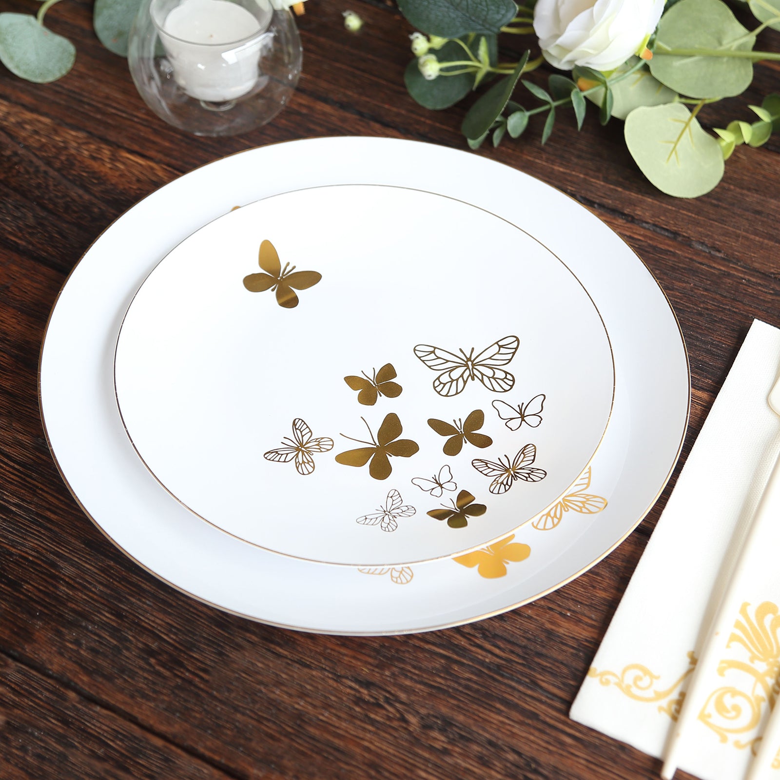 White gold butterfly plates with gold rim, round disposable dinner and salad plates.