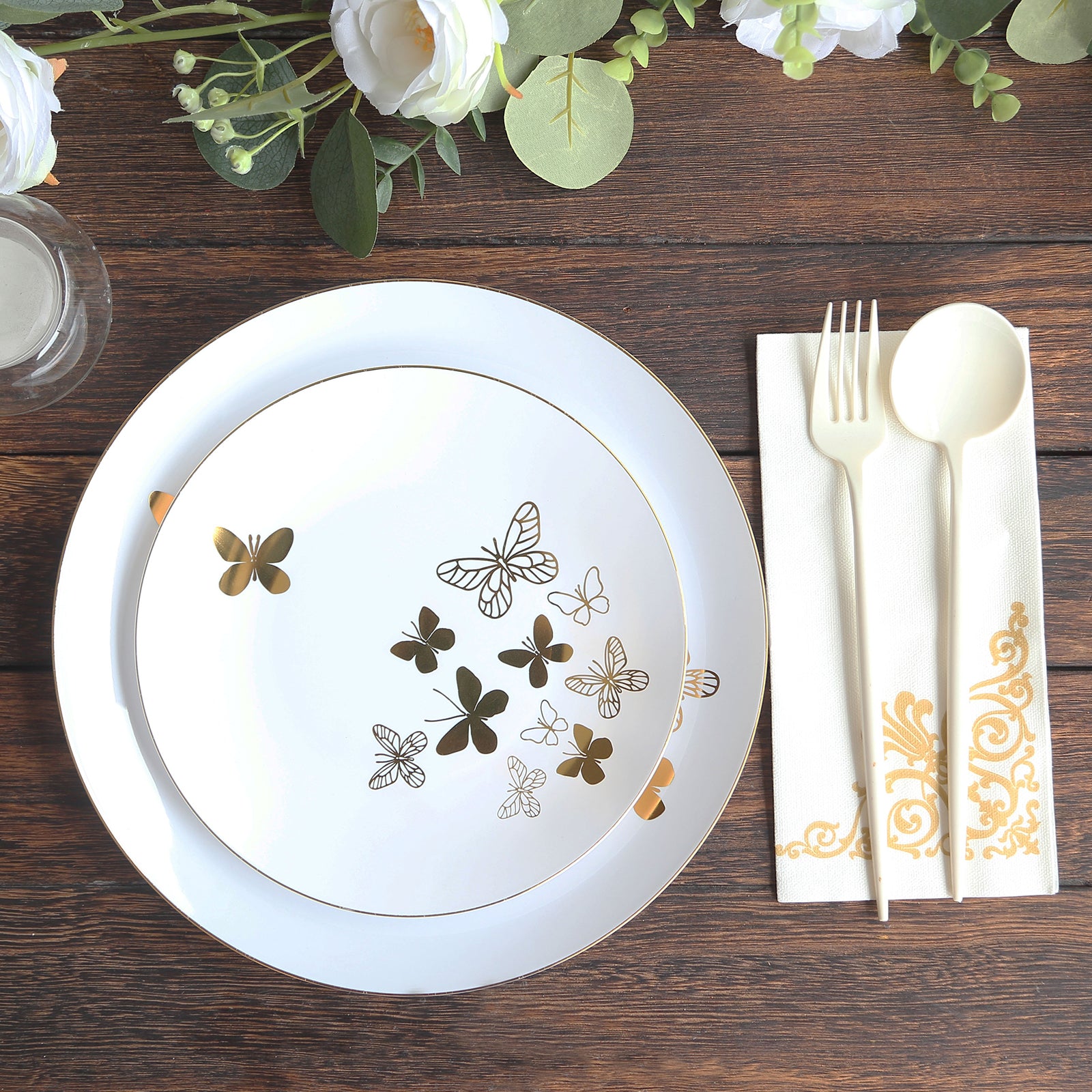 White gold butterfly party plates with gold rim, round disposable dinner and salad plates.