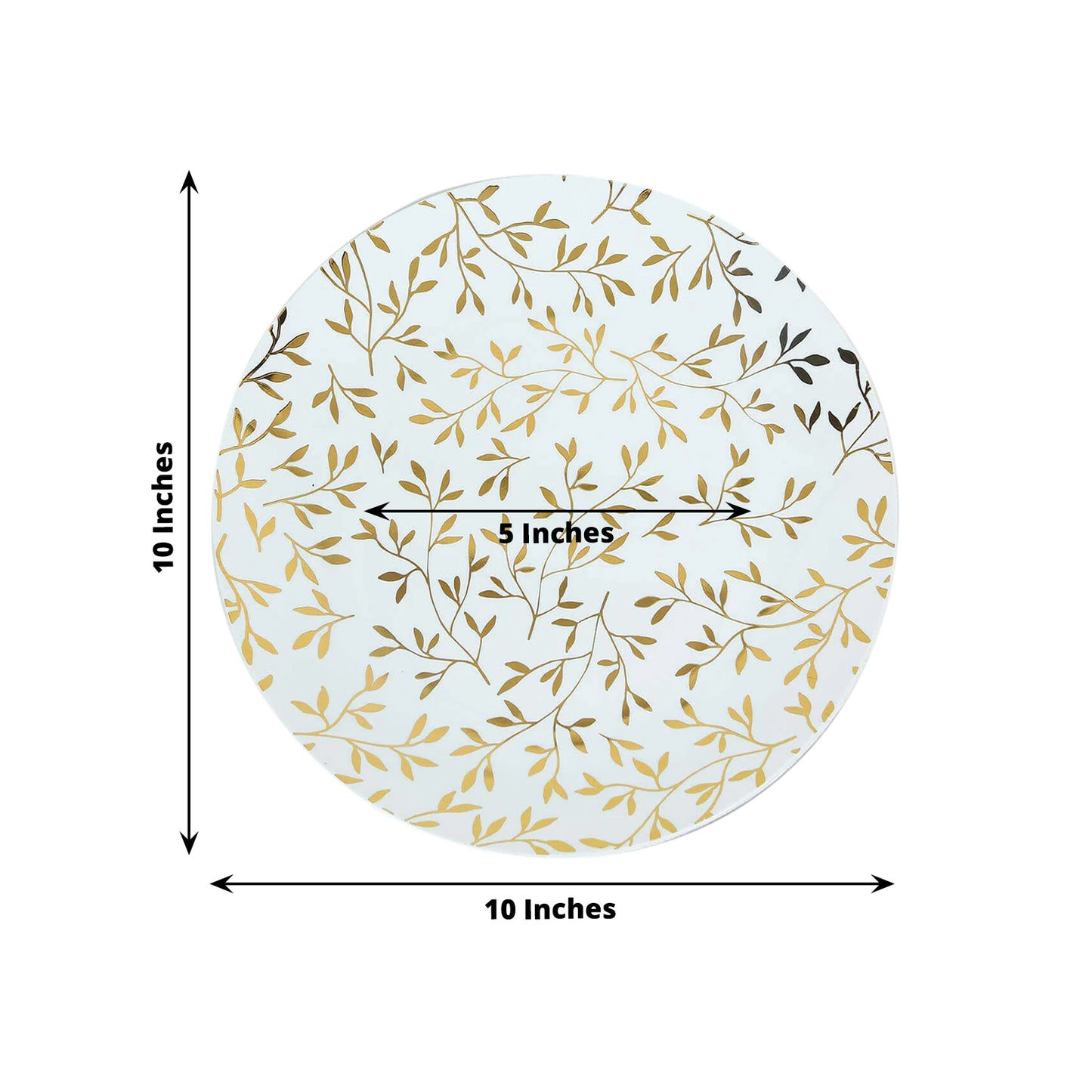 White round plastic party plates with gold leaf design, 10-inch disposable.