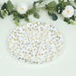 10" white round plastic party plate with gold leaf design, heavy duty disposable.