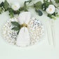 White round plastic party plate with gold leaf design, heavy duty disposable.