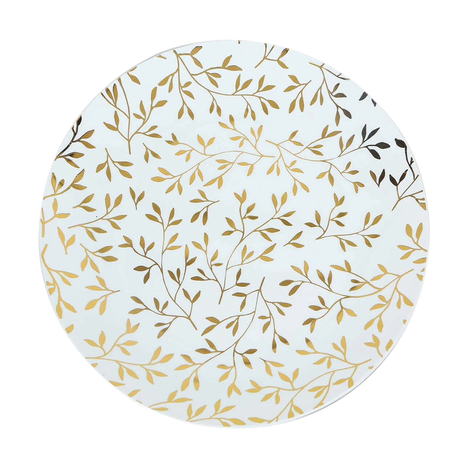White round party plate with gold leaf design, 10" heavy duty disposable.