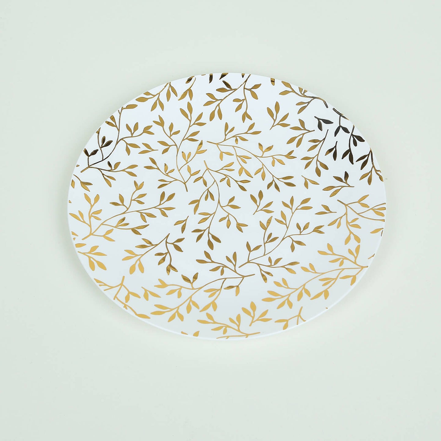 10 Pack White Round Plastic Dessert Plates with Gold Leaf Design, 8" Heavy Duty Disposable Salad Party Plates