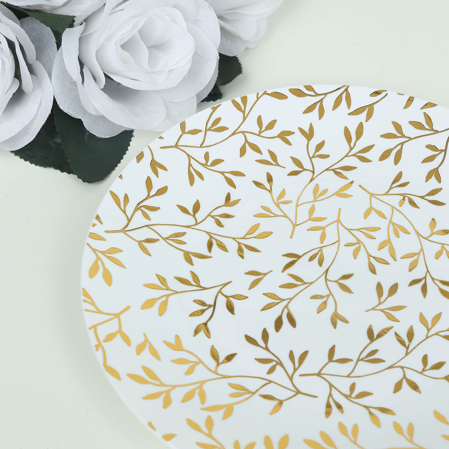 10 Pack White Round Plastic Dessert Plates with Gold Leaf Design, 8" Heavy Duty Disposable Salad Party Plates