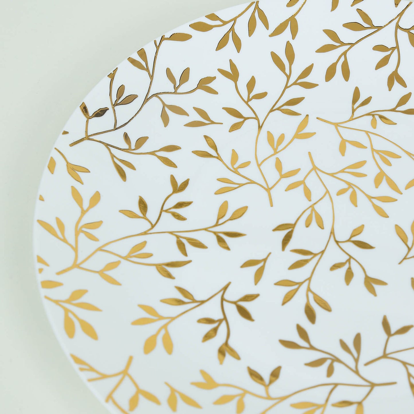 10 Pack White Round Plastic Dessert Plates with Gold Leaf Design, 8" Heavy Duty Disposable Salad Party Plates